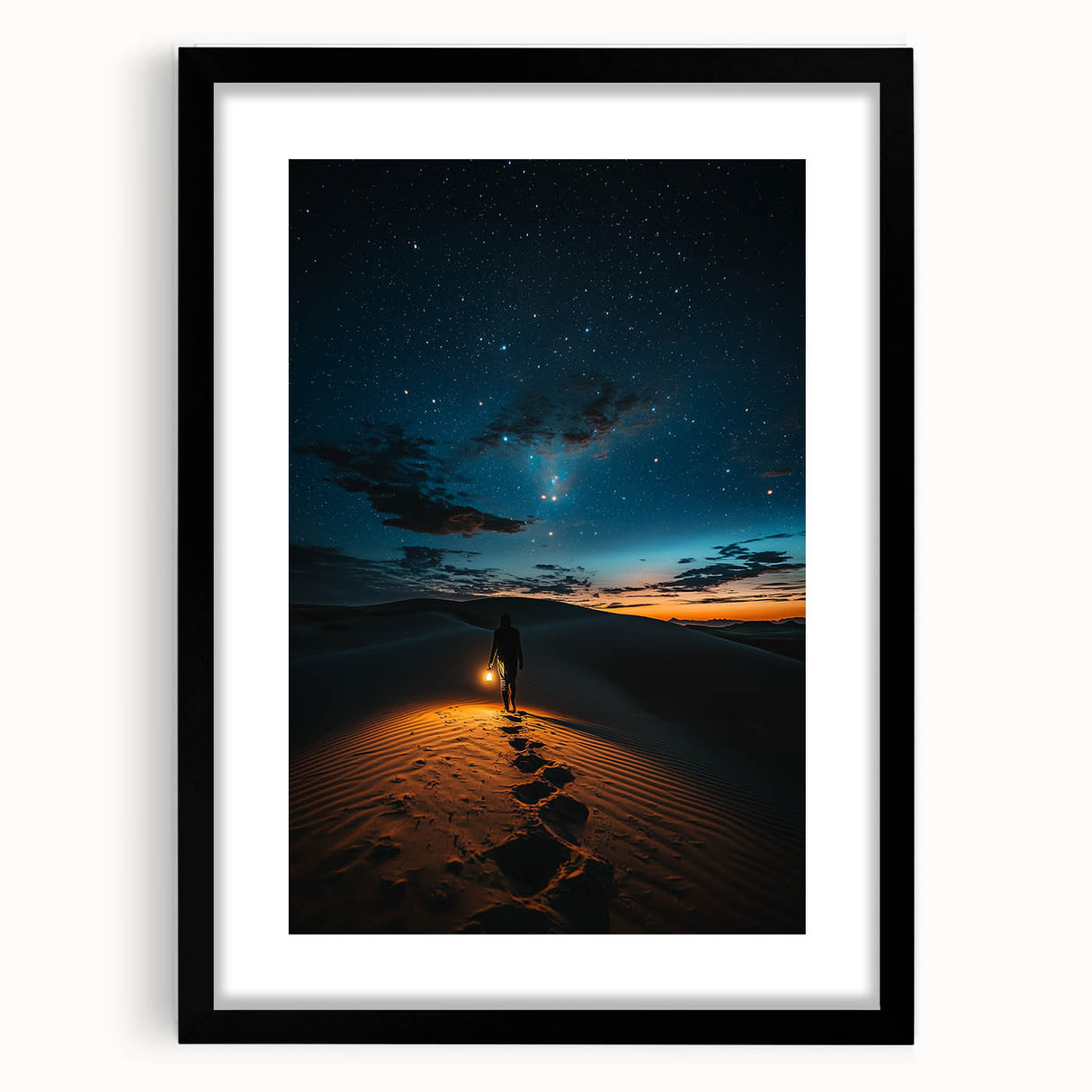 Framed landscape artwork depicting serene sand dunes in soft beige and golden hues, presented with a black mat for an elegant finish, ideal for home decor.