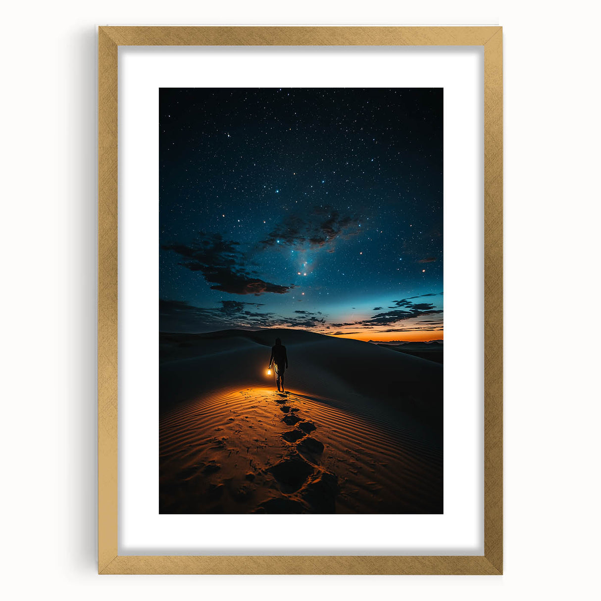 Elegant landscape artwork depicting serene sand dunes framed in gold with a white mat, perfect for enhancing interior decor and adding a touch of sophistication.