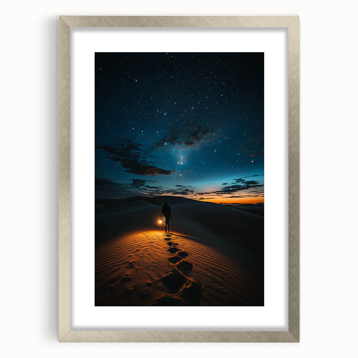 Framed landscape print showcasing serene sand dunes in a silver frame with a white mat, ideal for enhancing modern home decor and creating a calming atmosphere.