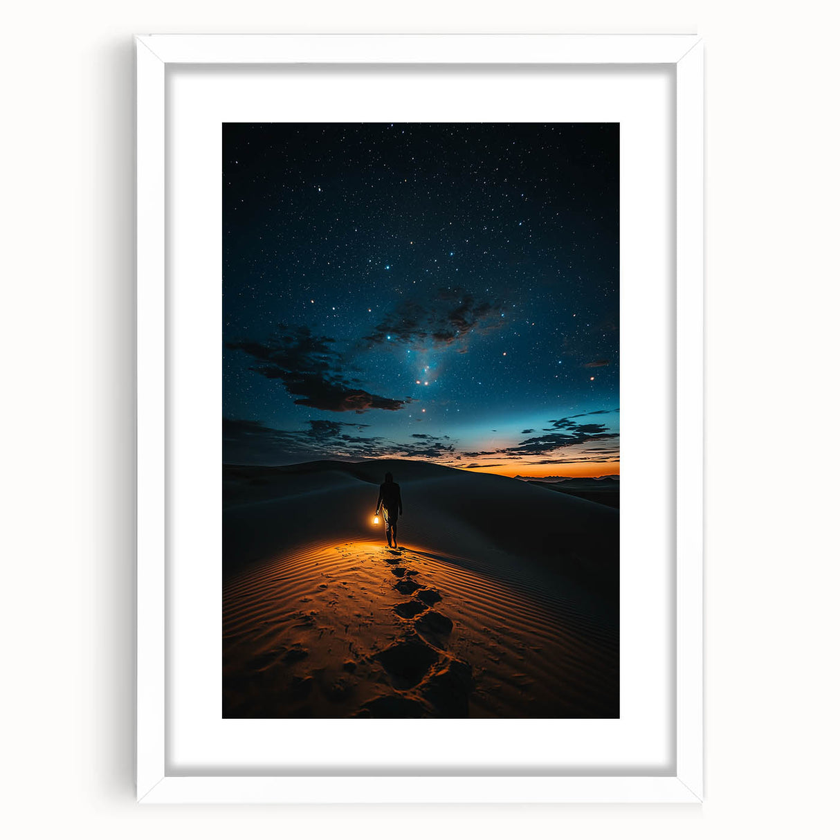 Framed landscape art showcasing serene sand dunes in soft beige and white tones, presented with a crisp white mat, ideal for modern home decor.