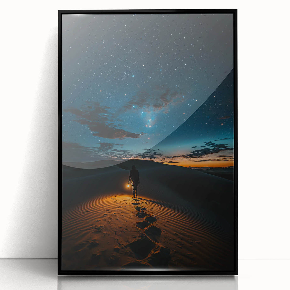 Framed acrylic artwork depicting serene sand dunes in a minimalist style, featuring a sleek black frame, ideal for modern home decor and landscape enthusiasts.
