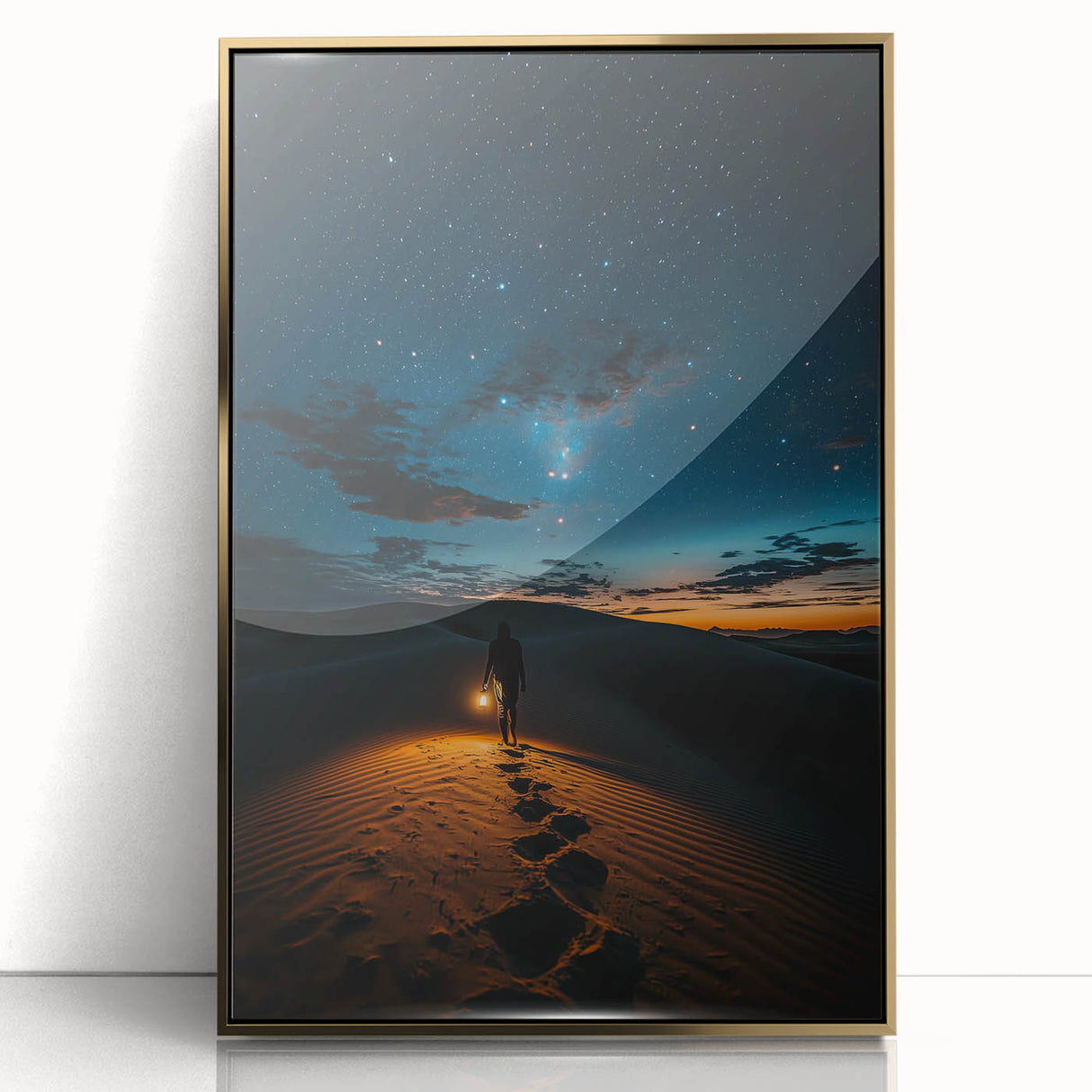 Framed acrylic landscape art showcasing golden sand dunes against a vibrant blue sky, ideal for modern home decor and enhancing interior aesthetics. This artwork adds a touch of elegance and warmth to any living space.