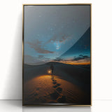Framed acrylic landscape art showcasing golden sand dunes against a vibrant blue sky, ideal for modern home decor and enhancing interior aesthetics. This artwork adds a touch of elegance and warmth to any living space.