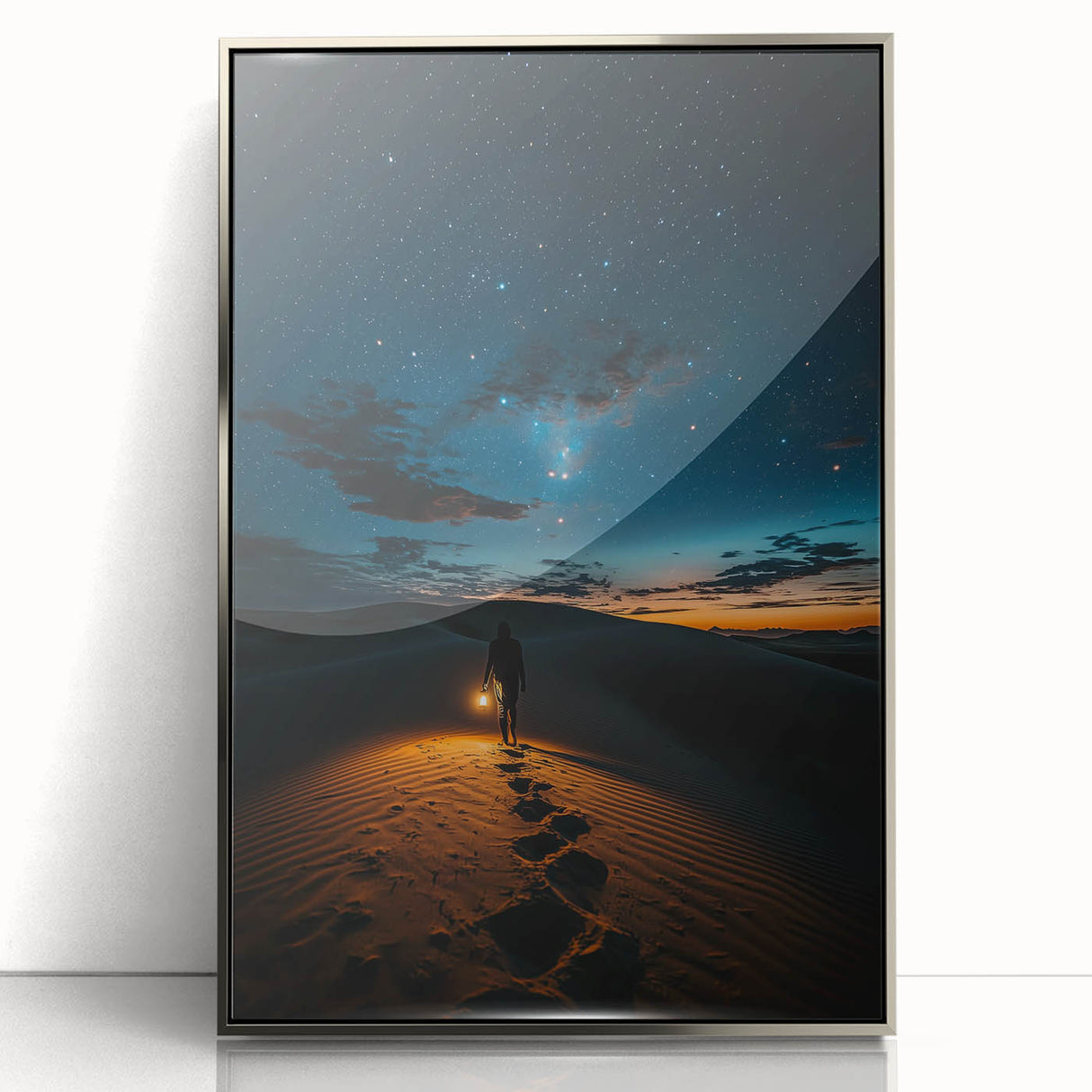 Framed acrylic artwork showcasing a serene desert landscape with golden dunes, highlighting intricate textures and vibrant colors, perfect for modern home decor.