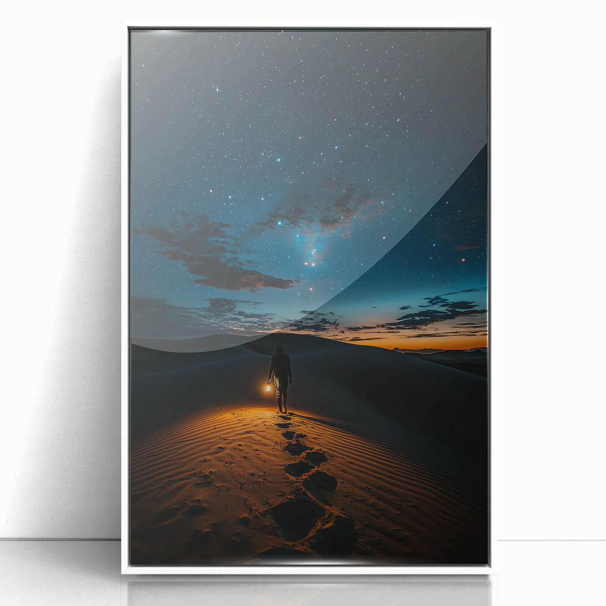 Framed acrylic print showcasing a serene landscape of rolling sand dunes, featuring soft beige and golden tones, perfect for home decor and enhancing interior aesthetics.