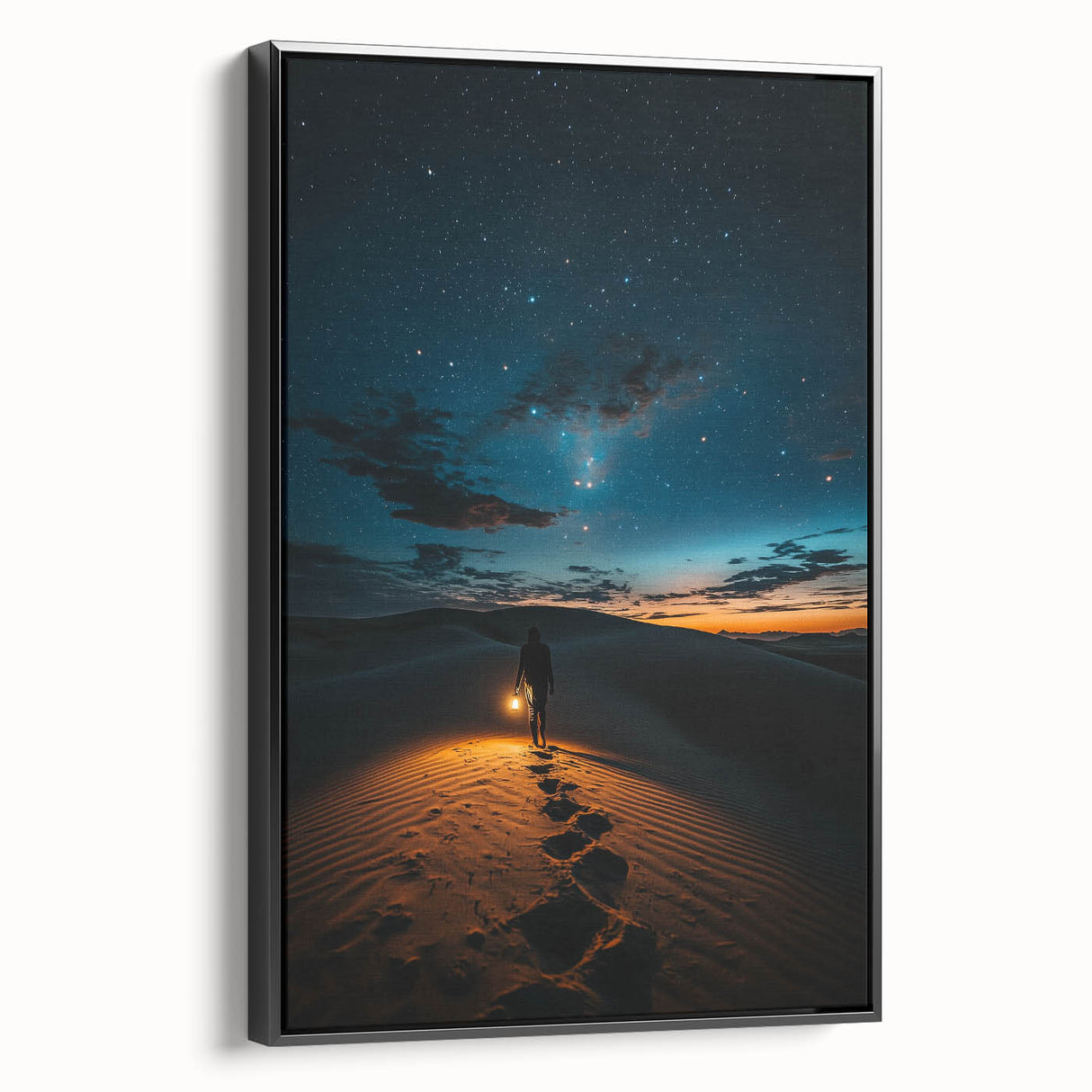 Framed canvas artwork depicting a serene desert landscape with dunes, framed in sleek black, showcasing rich colors and textures that enhance any modern decor.