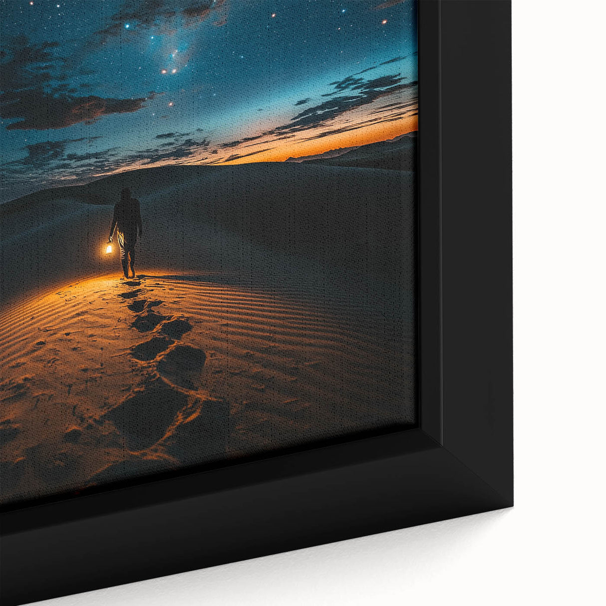 Close-up of a framed canvas depicting serene desert dunes with warm beige and soft orange hues, highlighting the intricate textures and patterns of the landscape. Ideal for enhancing modern home decor and evoking a sense of tranquility.