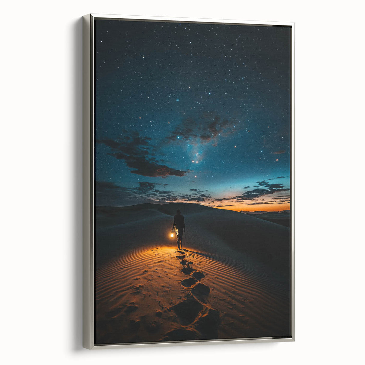 Framed canvas artwork showcasing serene dune landscapes in soft beige and cream tones, elegantly displayed with a sleek silver frame, perfect for modern home decor.