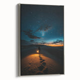 Framed canvas artwork showcasing serene dune landscapes in soft beige and cream tones, elegantly displayed with a sleek silver frame, perfect for modern home decor.