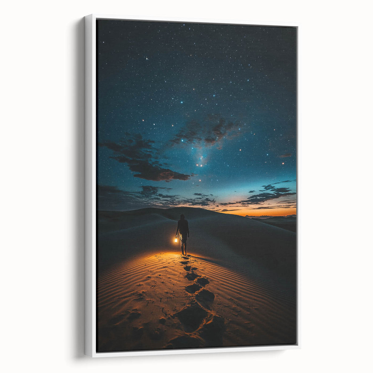 Framed canvas artwork depicting serene sand dunes in soft beige and golden hues, showcasing a white frame and side view for elegant home decor enhancement.