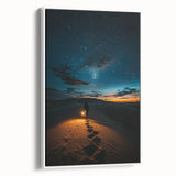 Framed canvas artwork depicting serene sand dunes in soft beige and golden hues, showcasing a white frame and side view for elegant home decor enhancement.