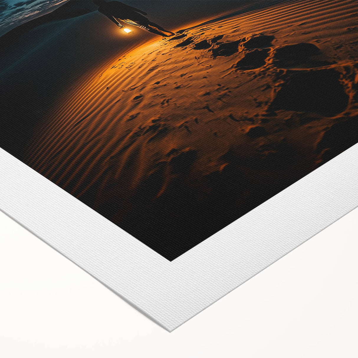 Rolled canvas showcasing a vibrant desert landscape with golden dunes and a serene blue sky, elegantly packaged in a protective cardboard tube for display or gifting.