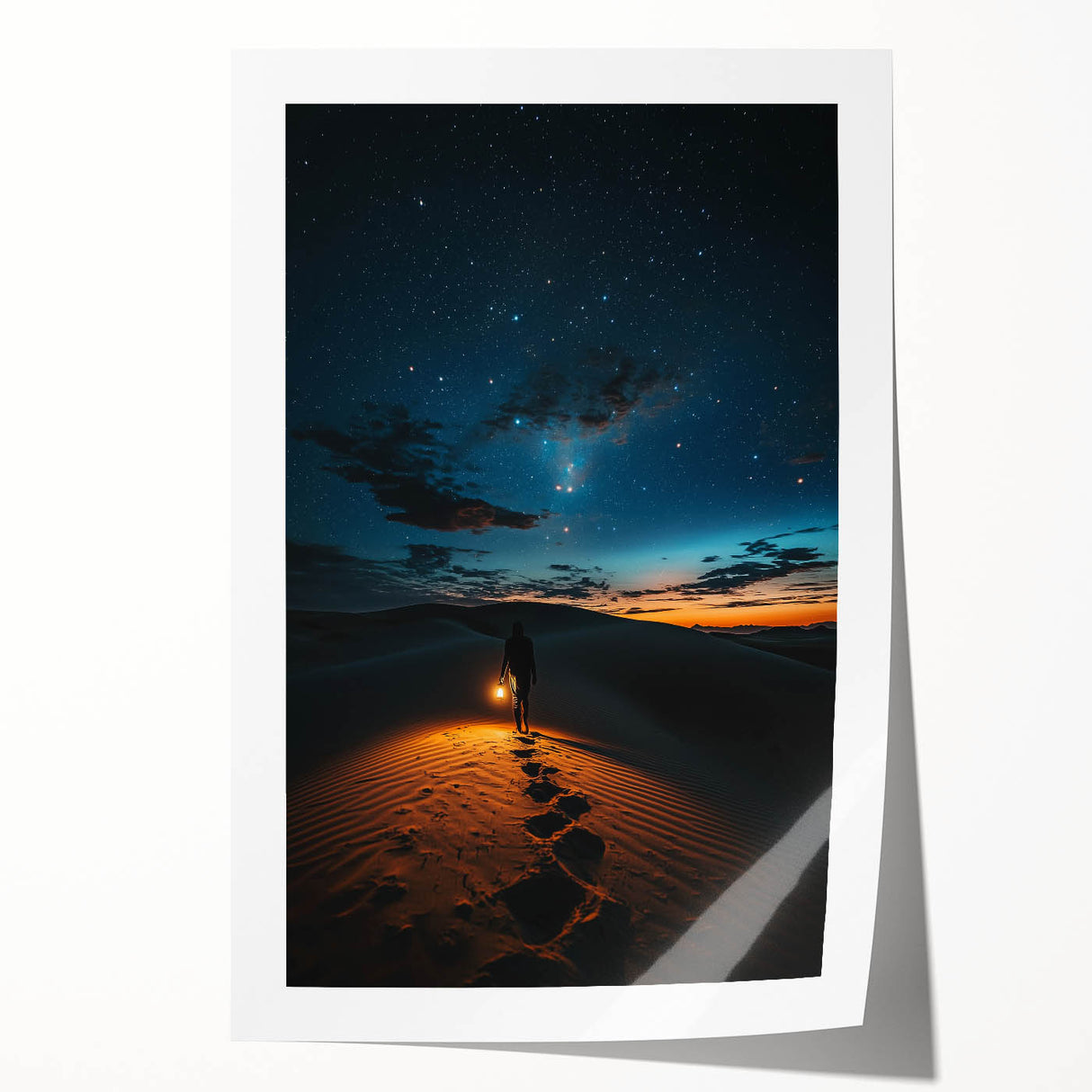 Desert landscape canvas print showcasing rolling sand dunes under a vibrant sunset, elegantly rolled and packaged in a durable cardboard tube for safekeeping.