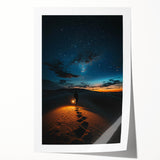 Desert landscape canvas print showcasing rolling sand dunes under a vibrant sunset, elegantly rolled and packaged in a durable cardboard tube for safekeeping.