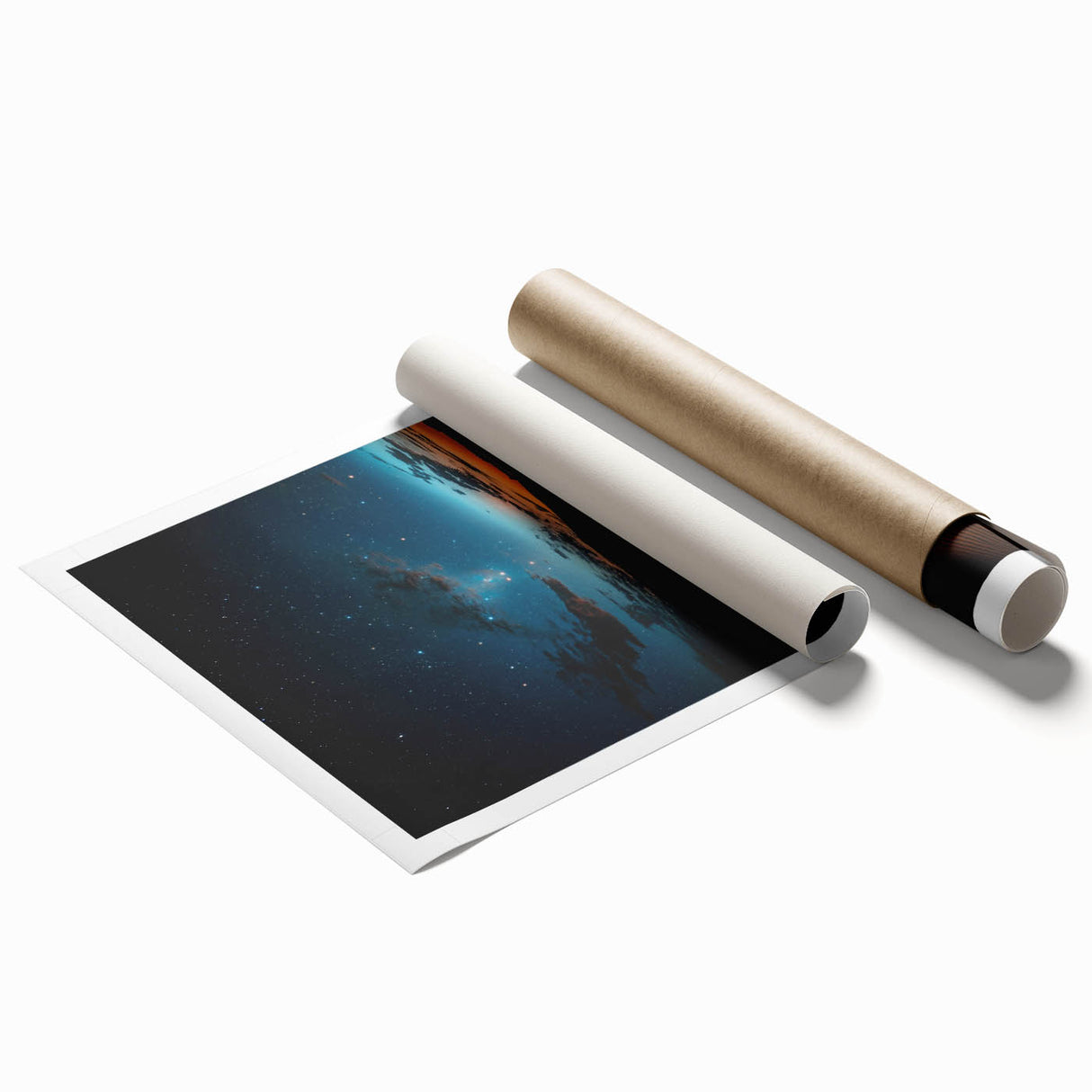 Desert landscape print showcasing golden sand dunes under a vibrant blue sky, rolled and packaged securely in a protective tube for easy transport. Ideal for home decor enthusiasts.