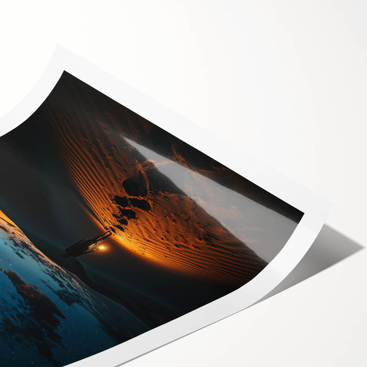 Stunning rolled print showcasing serene landscapes of rolling sand dunes at sunset, featuring warm golden hues and soft shadows, ideal for home decor.