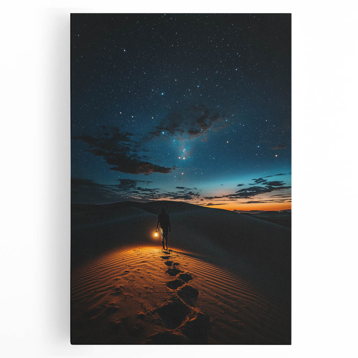 Stretched canvas artwork depicting vibrant desert dunes at sunset, showcasing rich oranges and yellows, perfect for enhancing any modern living space.