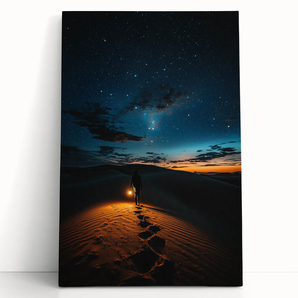 Stretched canvas artwork depicting serene sand dunes at sunset, showcasing warm golden hues and soft shadows, perfect for enhancing contemporary home decor.