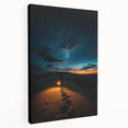 Stretched canvas artwork depicting serene desert dunes at sunset, showcasing warm hues of orange and gold, perfect for enhancing modern home decor.
