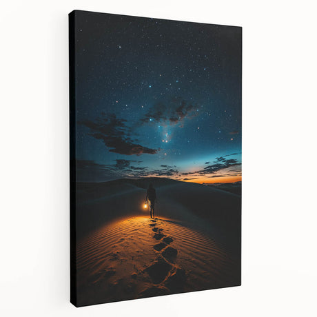 Stretched canvas artwork depicting serene desert dunes at sunset, showcasing warm hues of orange and gold, perfect for enhancing modern home decor.