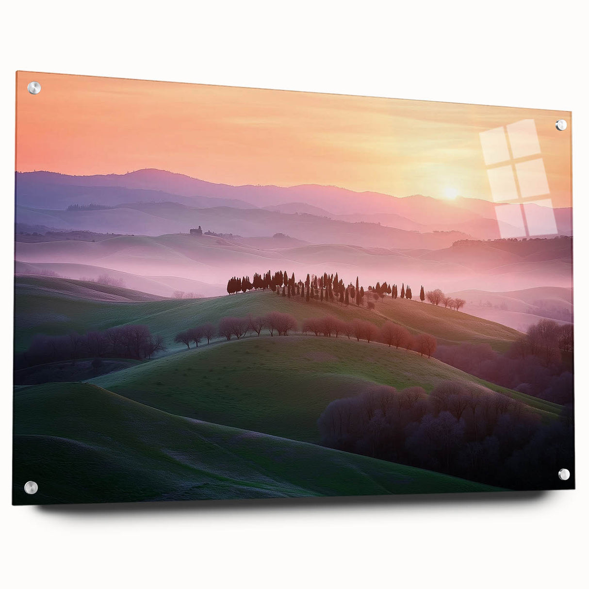 Acrylic landscape art piece showcasing vibrant green fields and a clear blue sky, viewed from the side with colorful pins securing it, perfect for home decor.