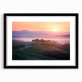 Black-framed landscape art print with a white mat, showcasing vibrant fields under a clear blue sky, ideal for modern home decor and interior design aesthetics.
