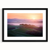 Black-framed landscape art print with a white mat, showcasing vibrant fields under a clear blue sky, ideal for modern home decor and interior design aesthetics.