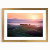 Elegant gold-framed landscape artwork with a mat, showcasing vibrant fields under a clear blue sky, perfect for home or office decor. Ideal for nature lovers seeking a touch of serenity.