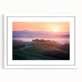 Framed landscape art print showcasing vibrant fields under a blue sky, presented in a white mat frame, perfect for home decor or office settings.