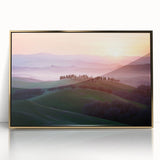 Framed acrylic artwork depicting serene landscapes with vibrant green fields and a golden frame, ideal for enhancing modern home decor or office spaces.