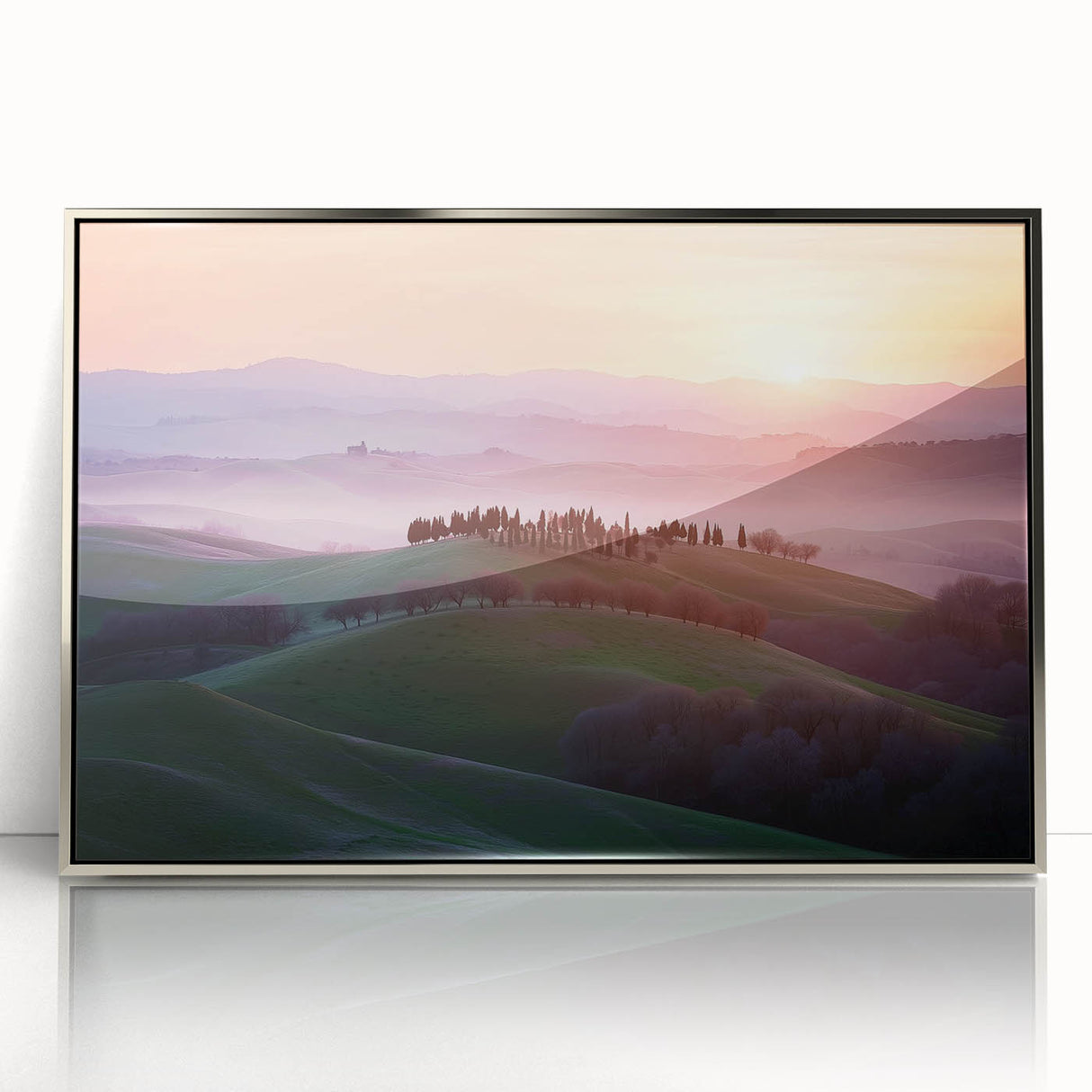 Framed acrylic artwork showcasing vibrant landscapes and fields in silver tones, adding a modern touch to home decor. Ideal for living rooms or offices.