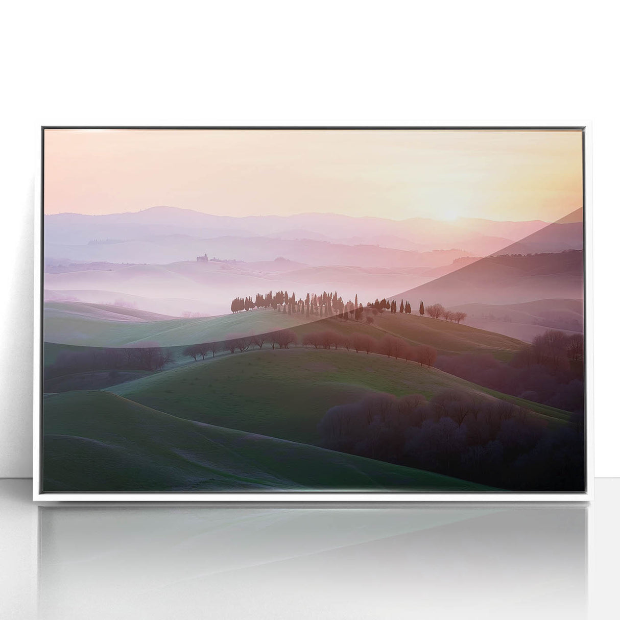 Framed acrylic artwork depicting vibrant green and golden fields under a clear blue sky, showcasing a serene landscape, perfect for home decor.