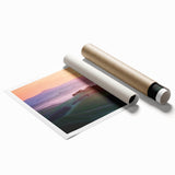 Vibrant landscape print featuring rolling green fields and a bright blue sky, rolled up for shipping in a protective cardboard tube, ideal for home decor.