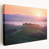 Stretched canvas artwork depicting vibrant landscapes and expansive fields in a side view, showcasing rich colors and intricate details, perfect for home decor.