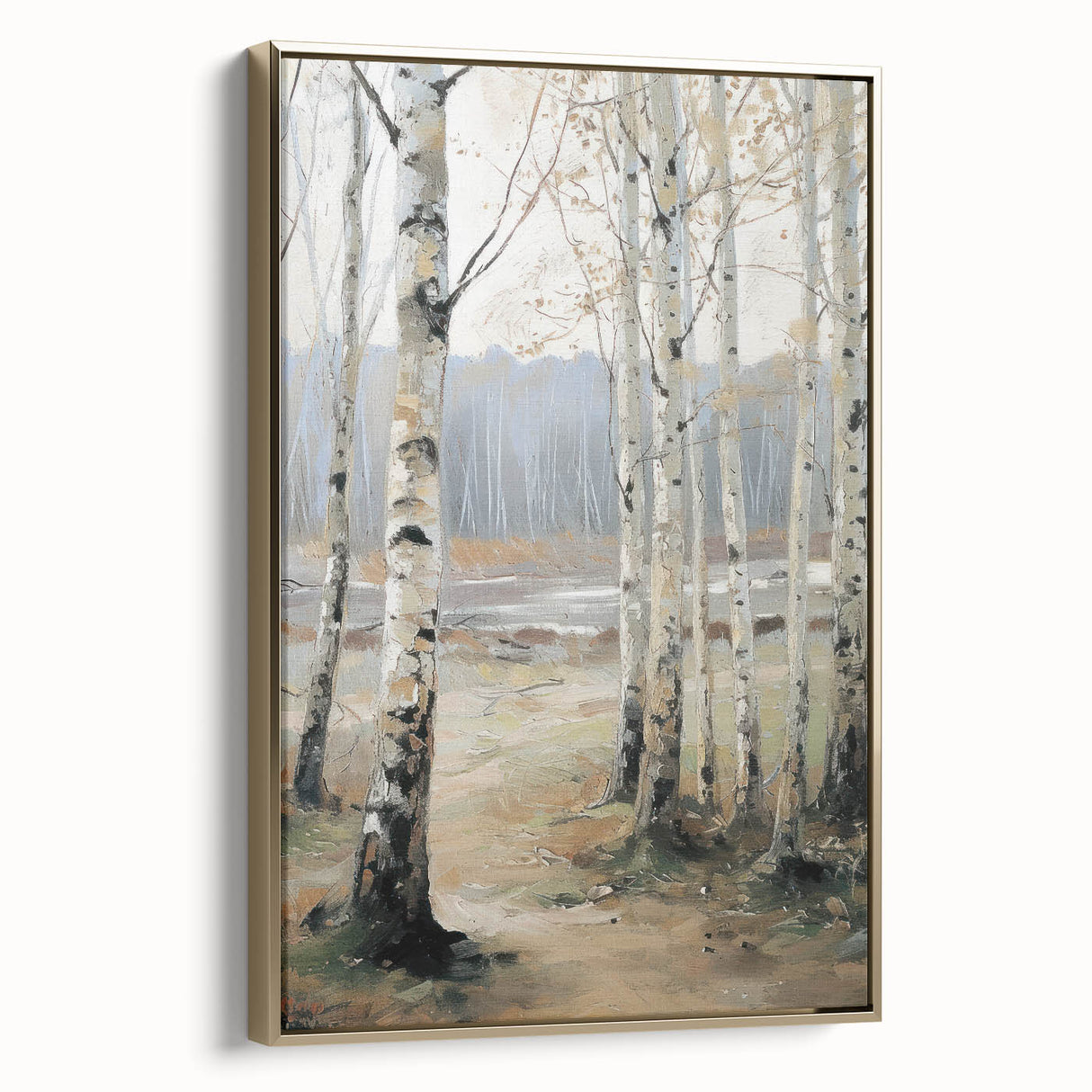 Framed canvas artwork showcasing a stunning landscape design with gold accents, presented in a side view, ideal for home decor and art enthusiasts.