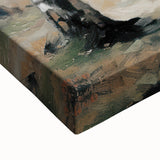 Close-up of a vibrant stretched canvas showcasing a colorful landscape design, featuring rich hues of green, blue, and yellow, perfect for enhancing home decor.