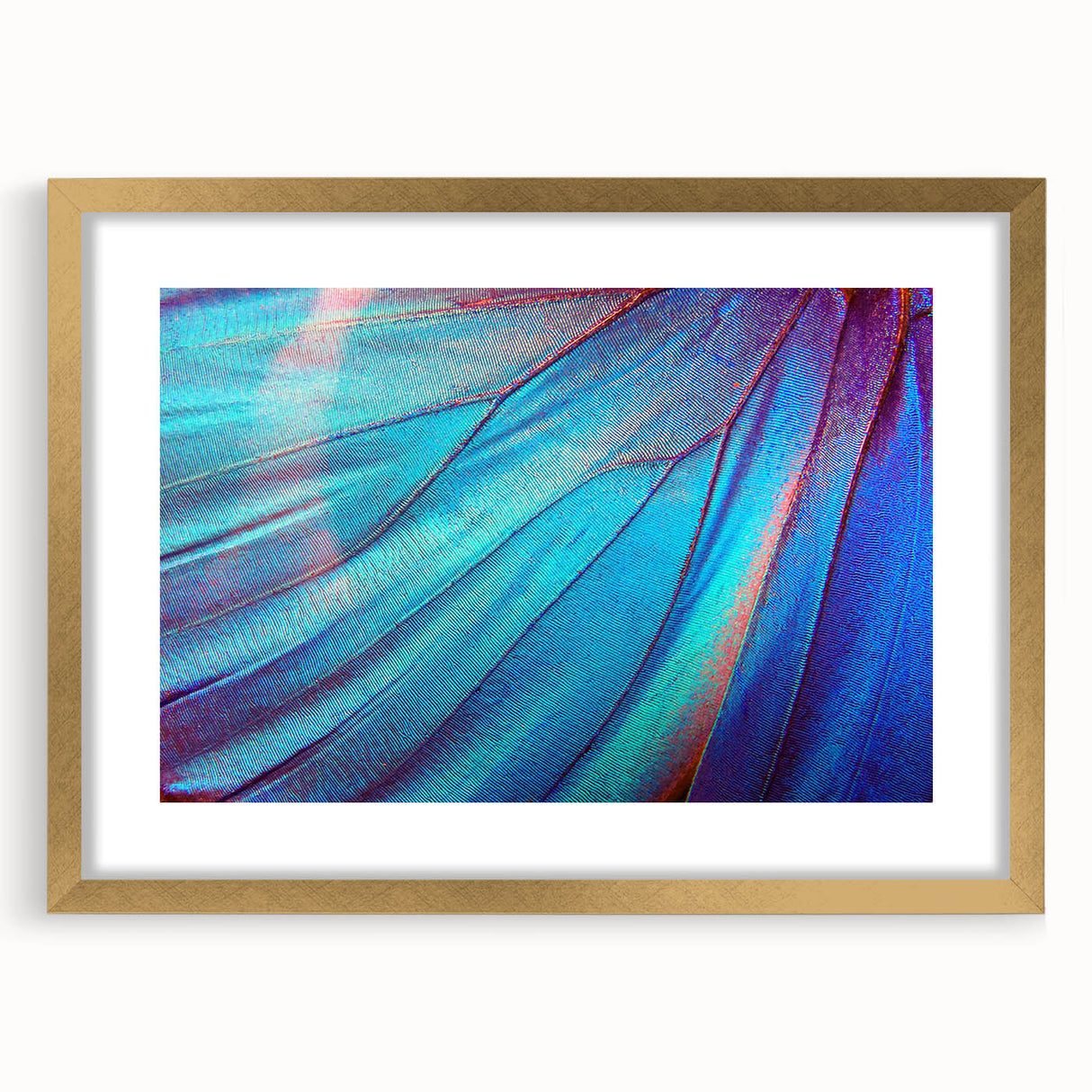 Extra large abstract art print featuring close-up textured leaves in green shades, framed in gold.