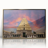 Large art print of a mid-century modernist Indian scenery in muted gold tones on framed acrylic, ideal for modern decor.