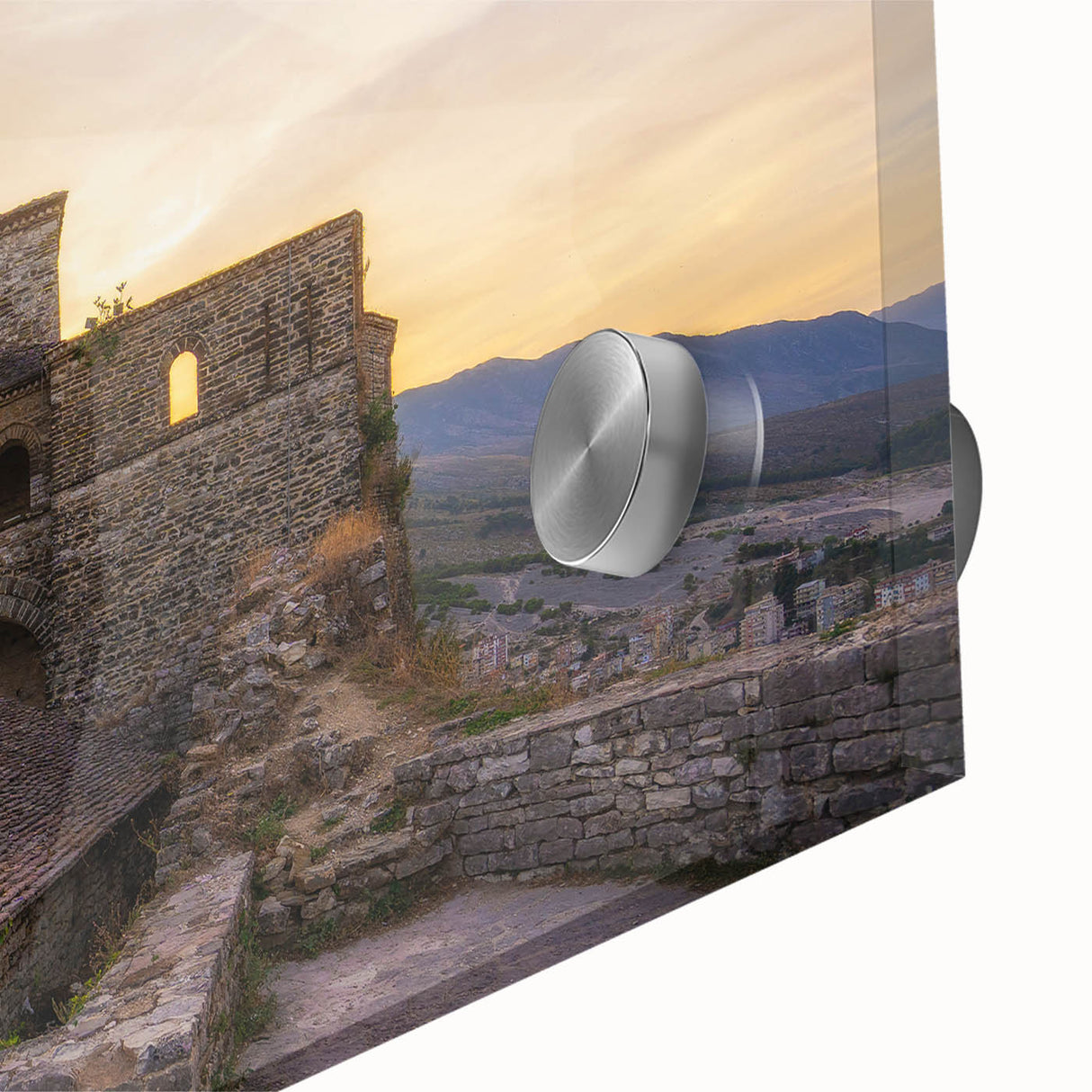 Large abstract wall art featuring a mid-century modernist European scenery in muted colors on acrylic glass.