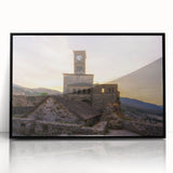 Large abstract wall art depicting a European Albanian scenery in muted earth tones, framed in black acrylic.