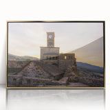 Art Deco poster of a European scenery in Albania, framed acrylic with gold accents, ideal for modern art wall decor.