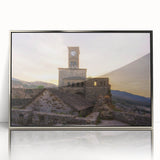 Mid-century modernist art of an Albanian landscape in muted earth tones on a framed acrylic print.