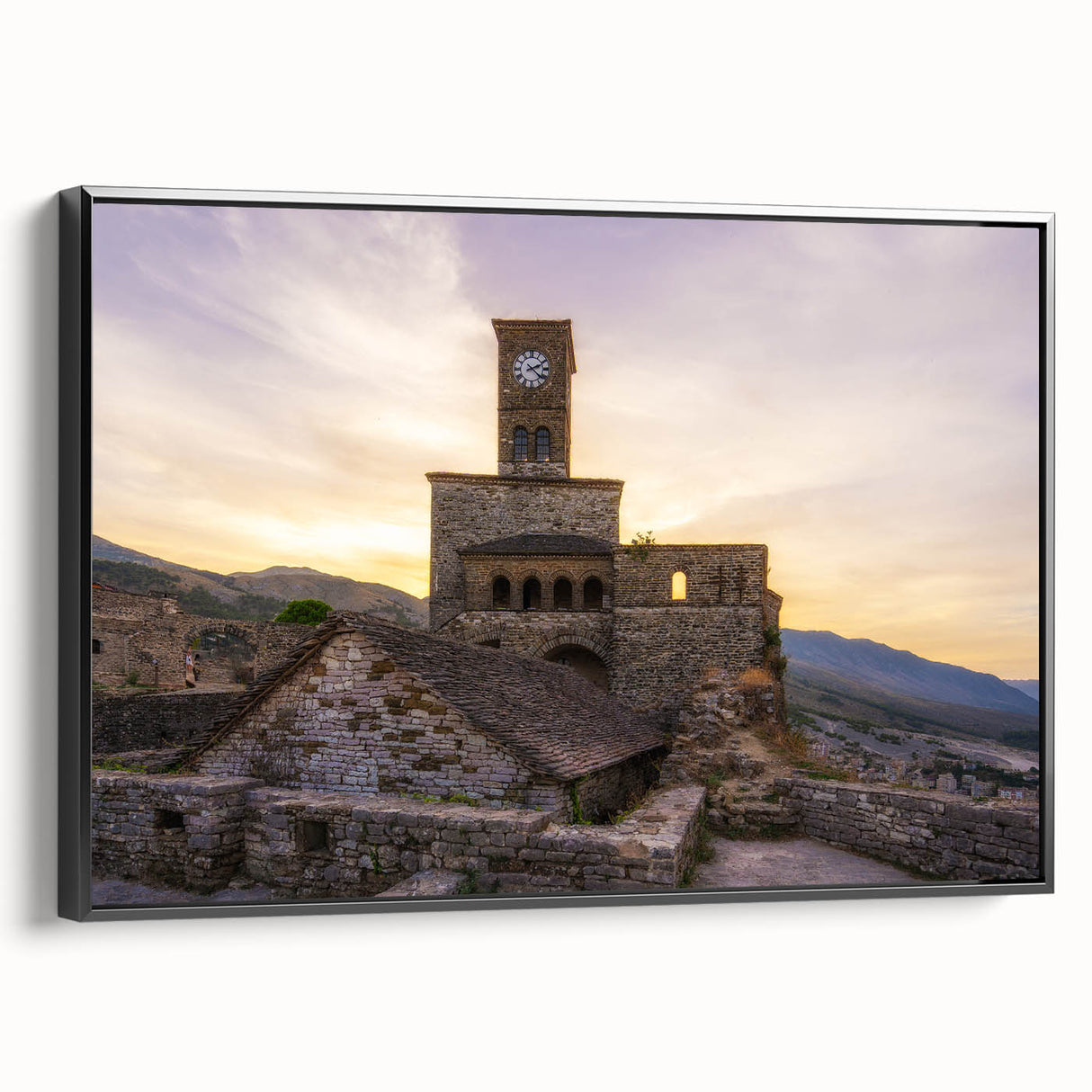 Black and white framed canvas depicting a vintage-style Albanian landscape, ideal for bedroom wall art.