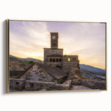 Framed canvas depicting a vintage-style landscape of Albania in muted gold and black tones, ideal for bedroom wall art.