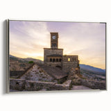 Landscape art painting of a European Albanian scenery on framed canvas, featuring a blend of black and colorful elements.