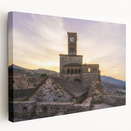 Large art depicting a scenic European Albania landscape in muted earth tones on stretched canvas, ideal for kitchen wall art.