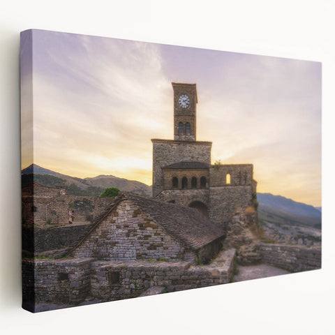 Large art depicting a scenic European Albania landscape in muted earth tones on stretched canvas, ideal for kitchen wall art.