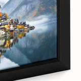 Black wall art featuring a textured Austrian landscape in colorful hues on an extra-large framed canvas.