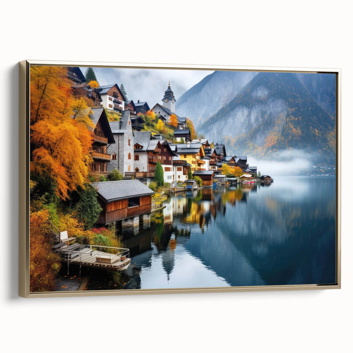Vintage poster art of an Austrian landscape on framed canvas, with muted earth tones, ideal for bedroom wall decor.