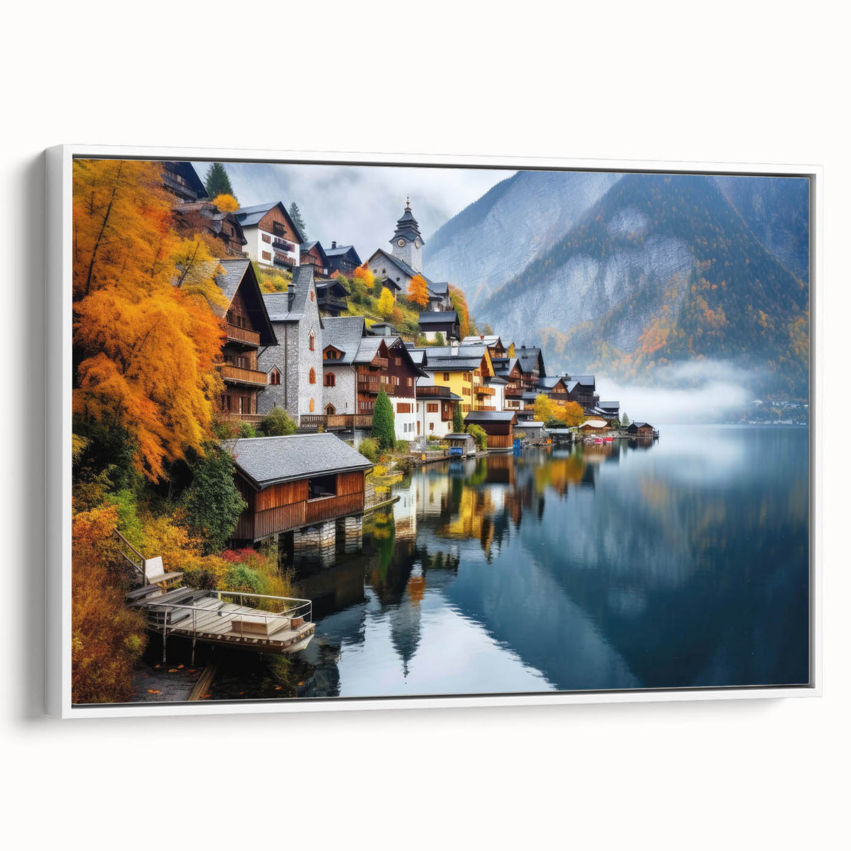 Vintage poster art of a scenic Austrian landscape in vibrant colors on a large framed canvas, suitable for living room decor.